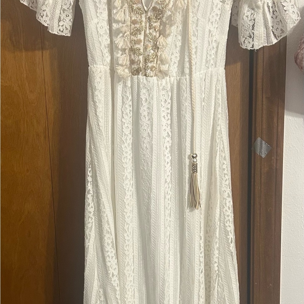 Elegant Bohemian style Cream Lace Maxi Dress with Gold & Bronze Embellishments